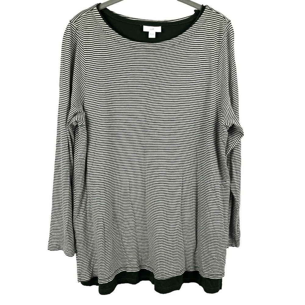 J. Jill Womens Shirt‎ Large Striped Long Sleeve Double Layered Boat Neck Green